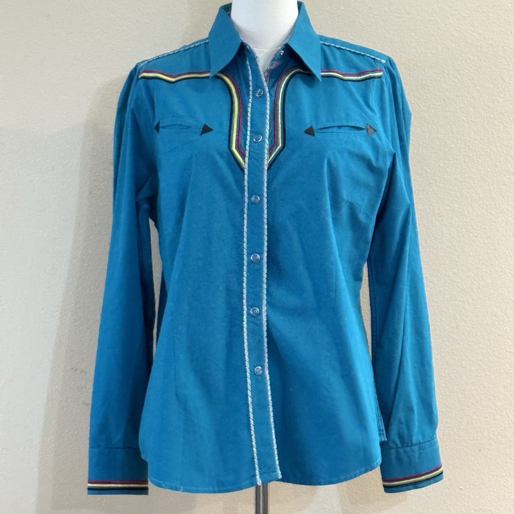 Vintage Platini Jeans Cougar Western Snap Shirt Turquoise Rainbow Piping USA 32